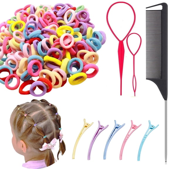 Baby Hair Ties Set-100Pcs Soft Hair Ties Small Rubber Hair Bands for Toddler Girls Kids,2Pcs Topsy Tail Hair Tools,5Pcs Duck Bill Hair Clips and 1Pcs Rat Tail Comb Hair Accessories