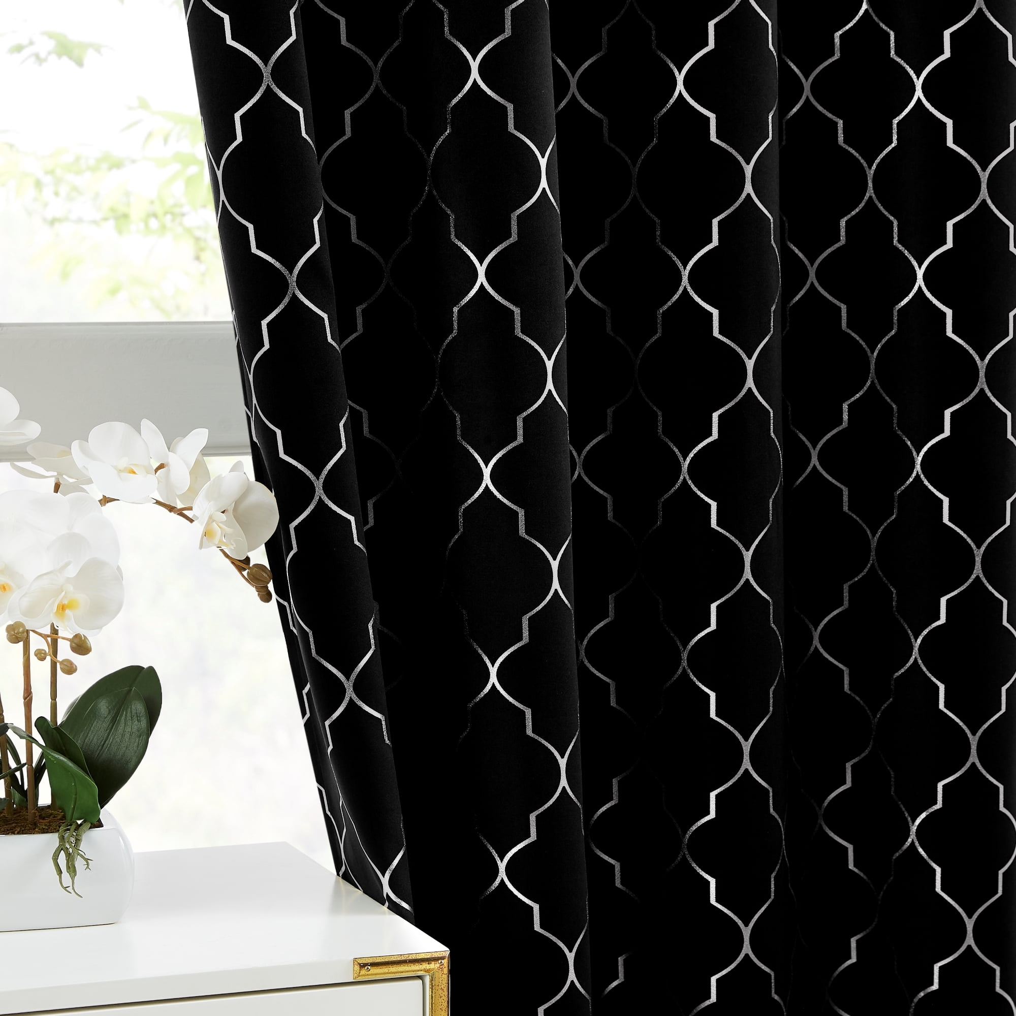 Bohogeo 84 Inches Full Blackout Window Curtain Panels for Bedroom Living Room,Silver Geo Metallic Moroccan Printed Pattern on Black Drapes,Modern Room Darkening Window Treatment,52" Wx84 L(Pack of 2)
