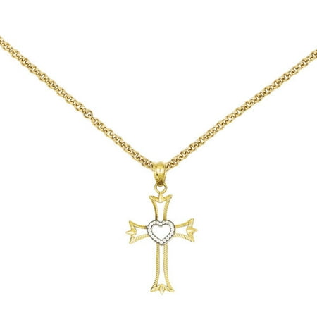 14kt Yellow Gold Rhodium-Plated Diamond-Cut Cross with Heart Pendant