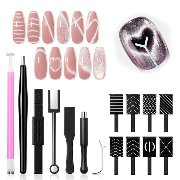 modelones Cat Eye Magnetic for Nails,15PCS Cat Eye Gel Nail Polish Magnet Tools Powerful Set Wand Magnet Summer Nail Polish Square Round Magnet Stick Diverse Glassy Cateye Effect