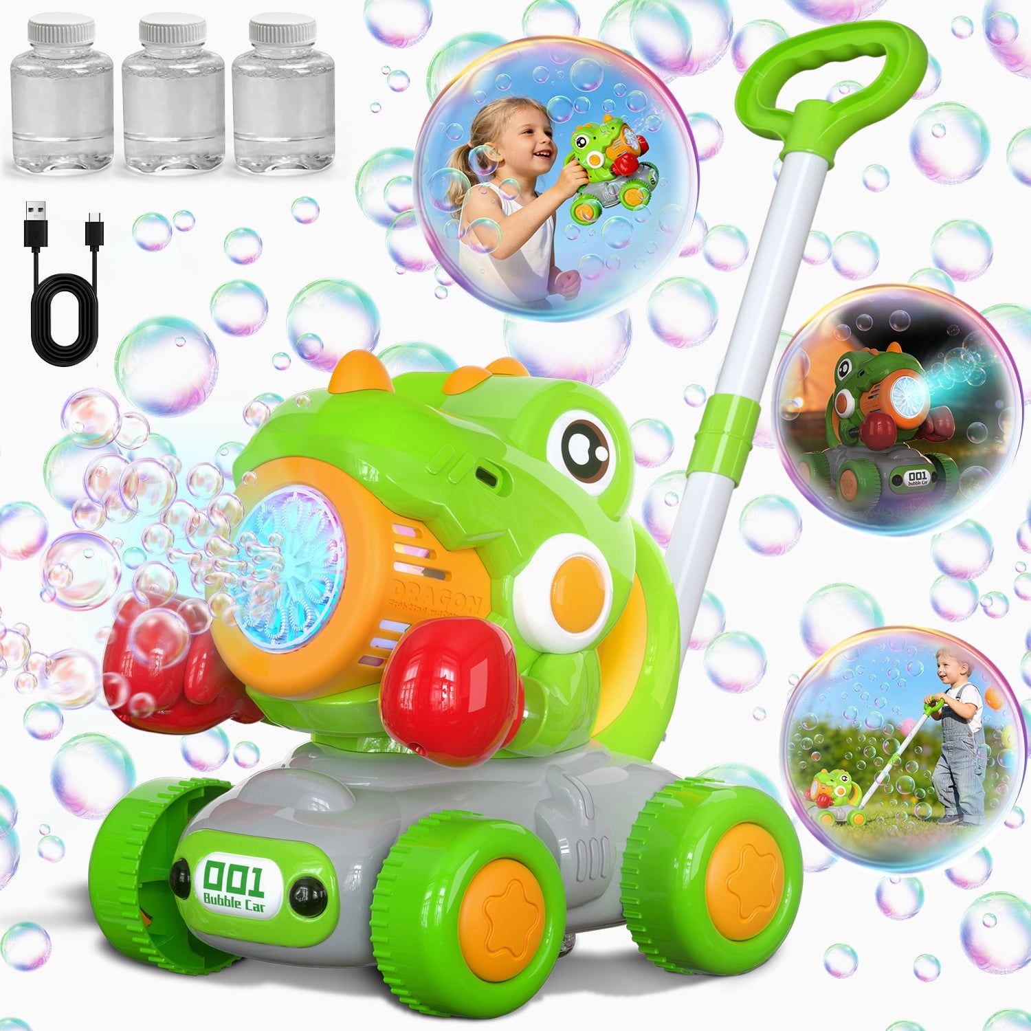 JoyStone Automatic Bubble Machine Toys for Toddlers, Push & Handheld Bubble Lawn Mower with Lights, Rechargeable Bubble Blower Toy for Kids Ages 3–6, Green