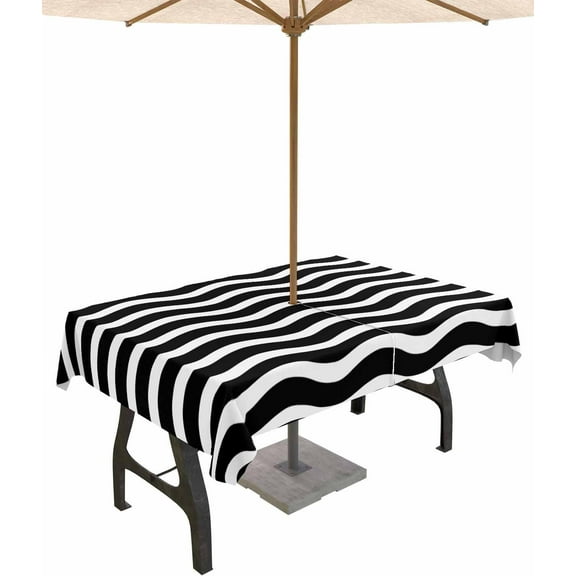 Outdoor Tablecloth with Umbrella Hole and Zipper 60 x 84 Inch Black and White Water Ripple Striped Table Cover for Rectangular Tables Waterproof Tabletop Collection for Patio Garden Picnic Camping