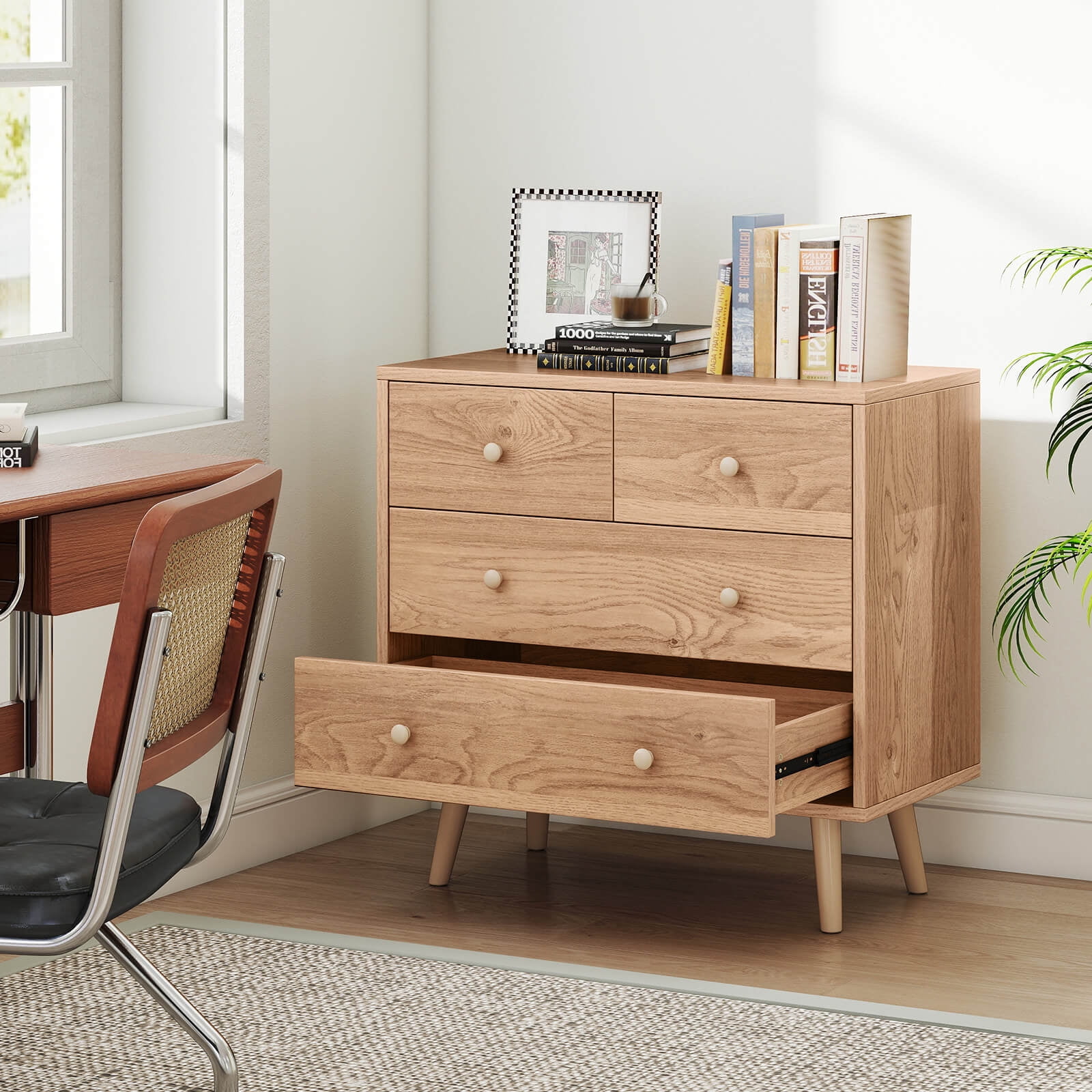 Costway 4 Drawer Dresser for Bedroom Wide Chest of Drawers with Metal Guide Rails Natural