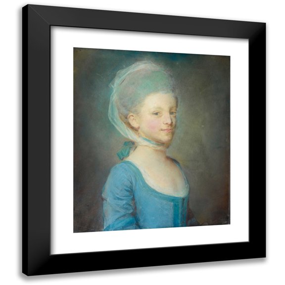 Jean-Baptiste Perronneau 12x14 Black Modern Framed Museum Art Print Titled - Portrait of a Young Woman Wearing a Kerchief of Striped Gaze (1770)