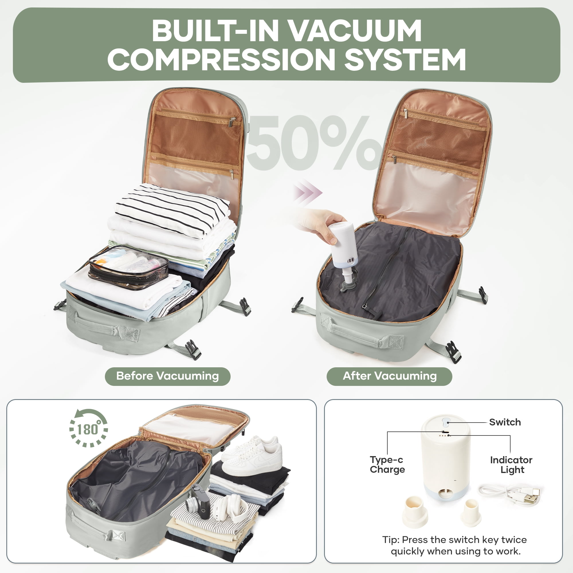 Vacuum Seal Backpack for Travel with Vacuum Compression, Air Seal Travel Backpack with Portable Air Pump Carry on Luggage Airline Approved for Women Men Large Vac Pack Airback Laptop Backpack Green