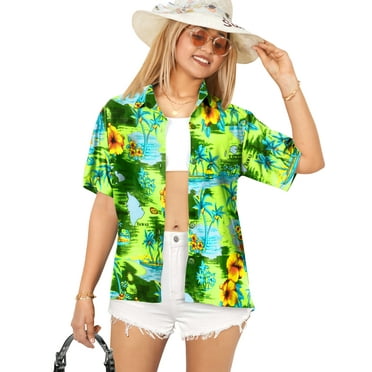 HAPPY BAY Button Down Shirt for Women Tropical Blouse Dress Shirt Short Sleeve Vacation Button up Hawaiian Tops Summer Beach Party Shirts for Women S Fern, Aloha Island