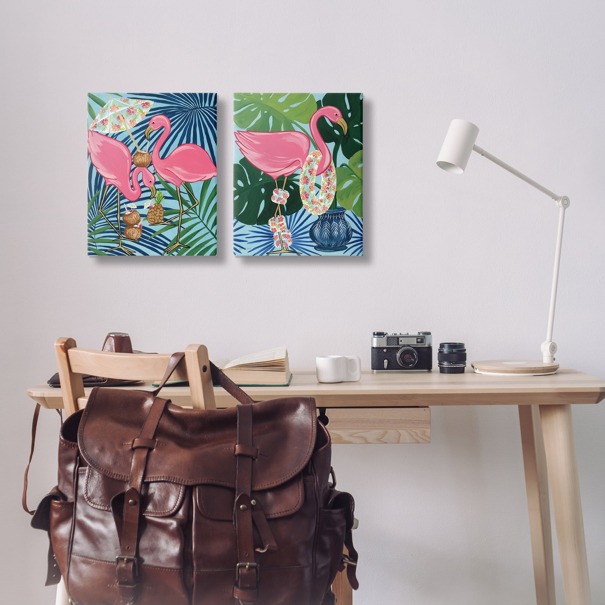Stupell Industries Happy Hour Flamingos Animals Painting Wrapped Canvas Art Print Wall Art, 16 x 20, Set of 2