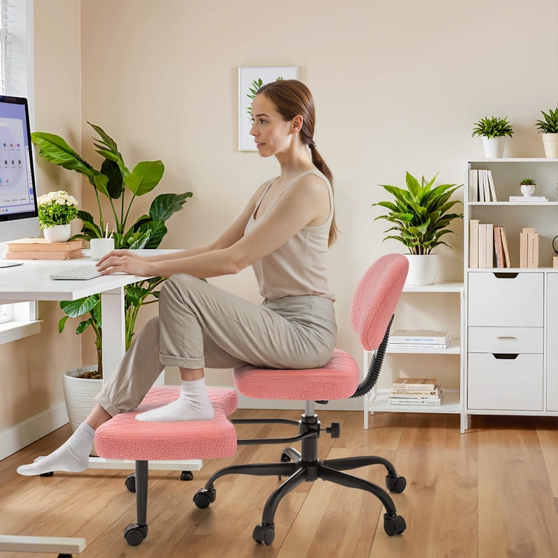 Homall Ergonomic Cross Legged Chair,360°Swivel Wheels, Height Adjustable Ergonomic Kneeling Desk Chairs for ADHD,Meditation ,Yoga and Home Office with Strong Lumbar Support,Teddy Fabric,Pink