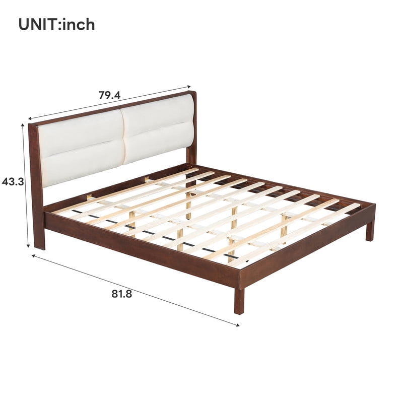 Wooden King Size Platform Bed with Velvet Upholstered Headboard, Low-Profile Bed Frame with Slat Support No Box Spring Needed