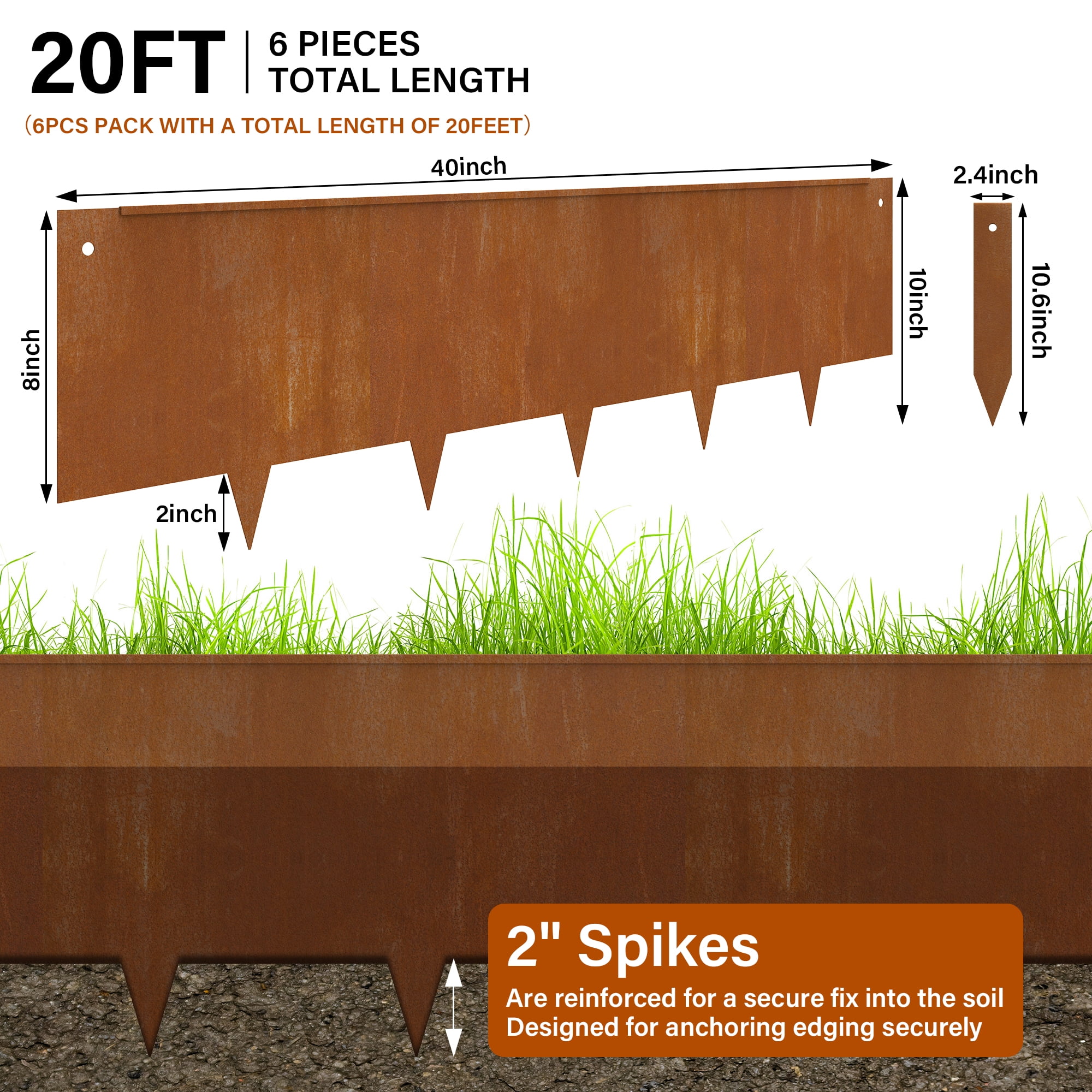 10" Rusty DIY Edging for Landscaping Corten Steel Fence Garden Divider Stakes Metal Landscape Borders Strips for Lawn Grass Plant Yard Pathway Outdoor Decorative No Dig Hammer-in 6Pcs