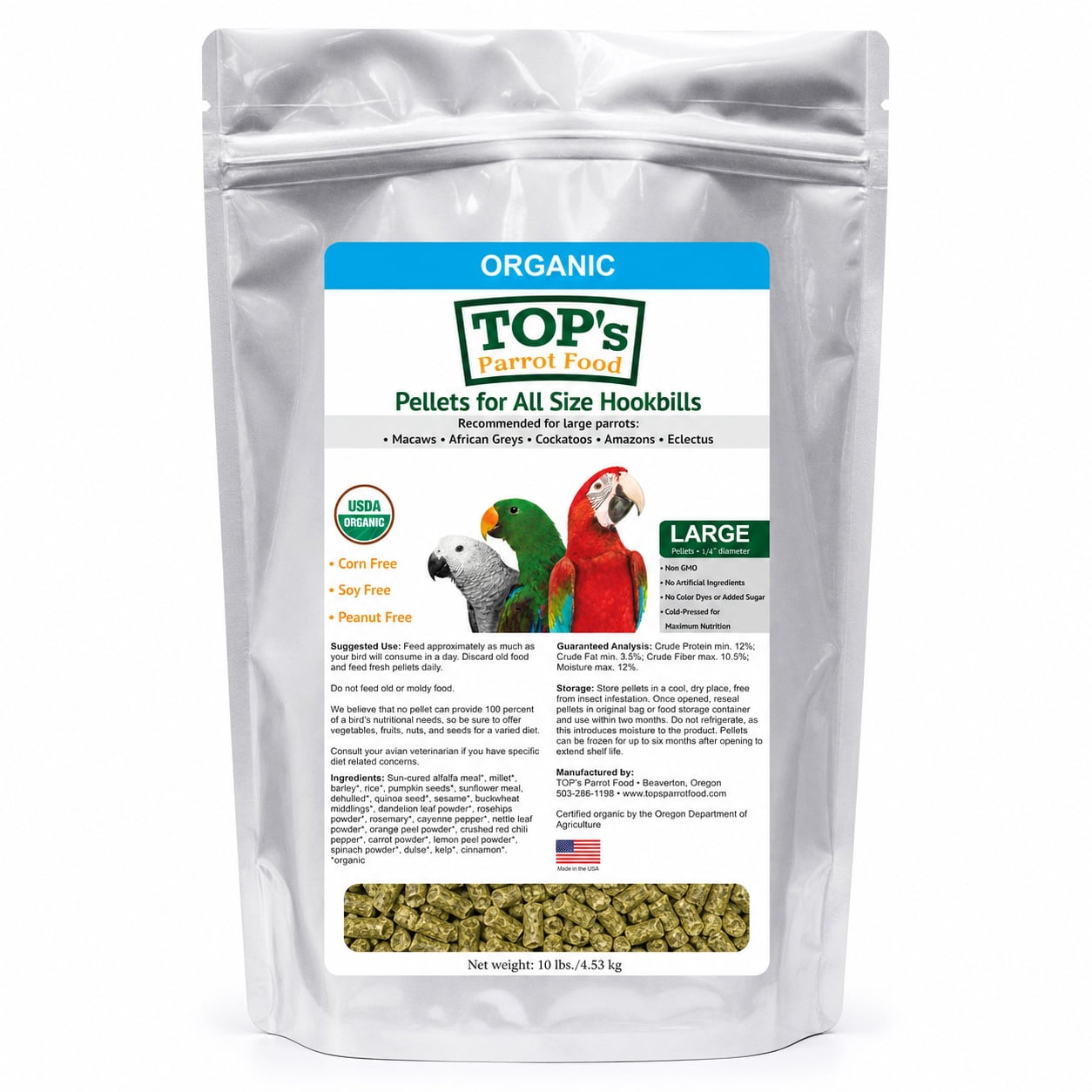 TOP's Parrot Food Pellets for Small, Medium & Large Hookbills, USDA Organic Certified, Non-GMO, Corn, Soy & Peanut Free Bird Food, 10 lb