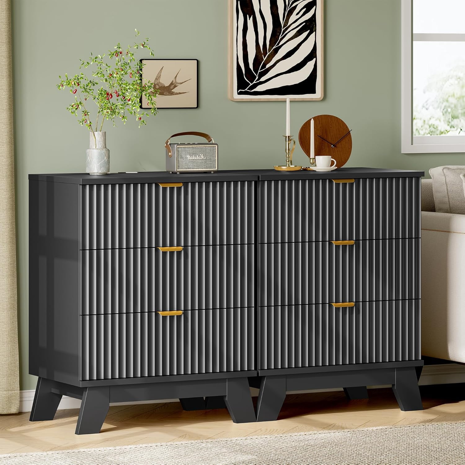 FANRAL Fluted Nightstand with Charging Station,Modern Bedside Table with Drawers,Wood End Table Small Dresser for Bedroom Living Room,Black Night Stand