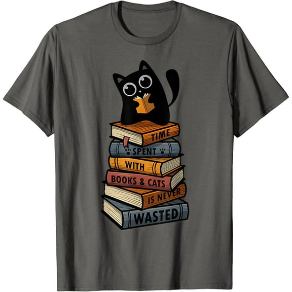 Velto Time Spent With Books And Cats Is Never Wasted Fun Black Cat T-Shirt All Size S-5XL