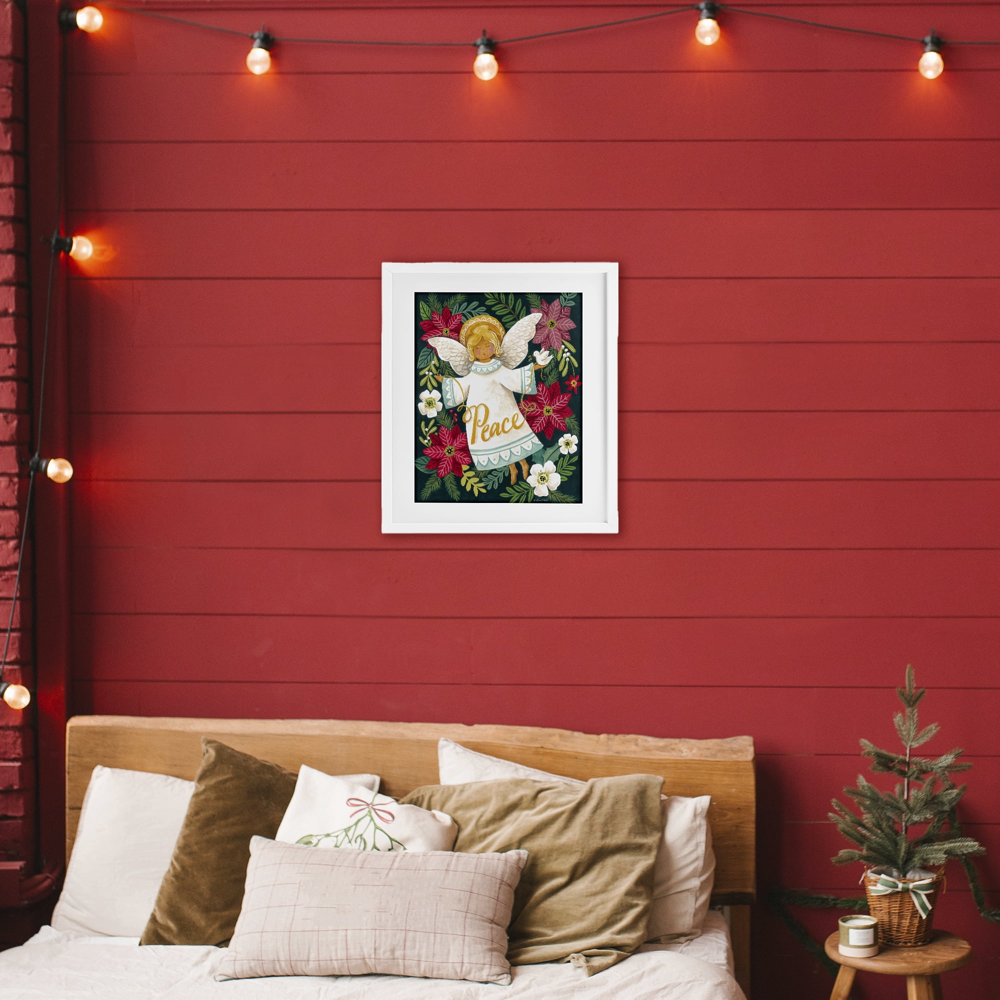 Angel with Peace & Botanicals White Framed Print Under Glass, design by Diane Kater