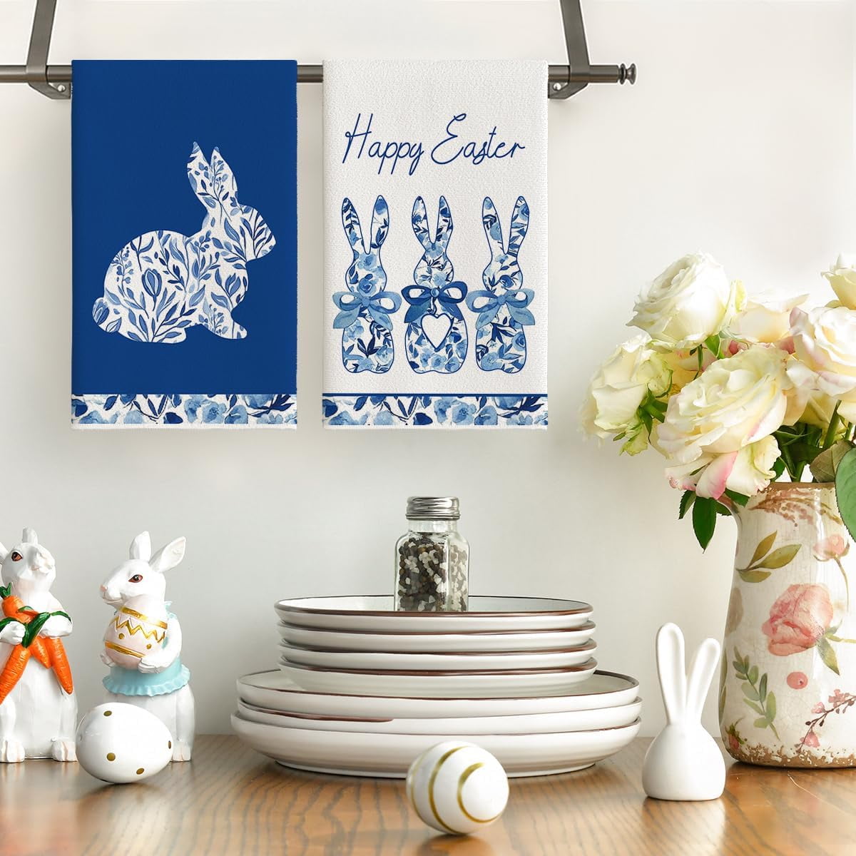 Blue Rabbits Bunny Bow Easter Kitchen Towels Dish Towels, 18x26 Inch Celadon Spring Farmhouse Holiday Decoration Hand Towels Set of 4