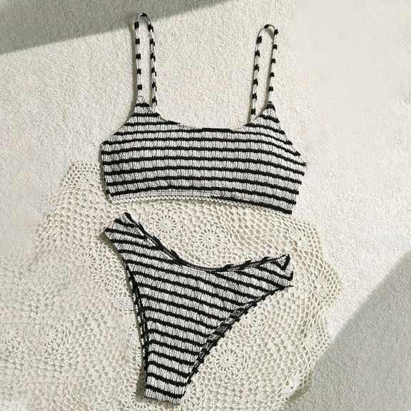 Jjayotai No Boundaries Women's 2 Peices Textured Bathing Suit, Smocked Wireless Bikini Bandeau Top Thong Swimsuit, High Waisted Bikini Sets for Women Black~ L