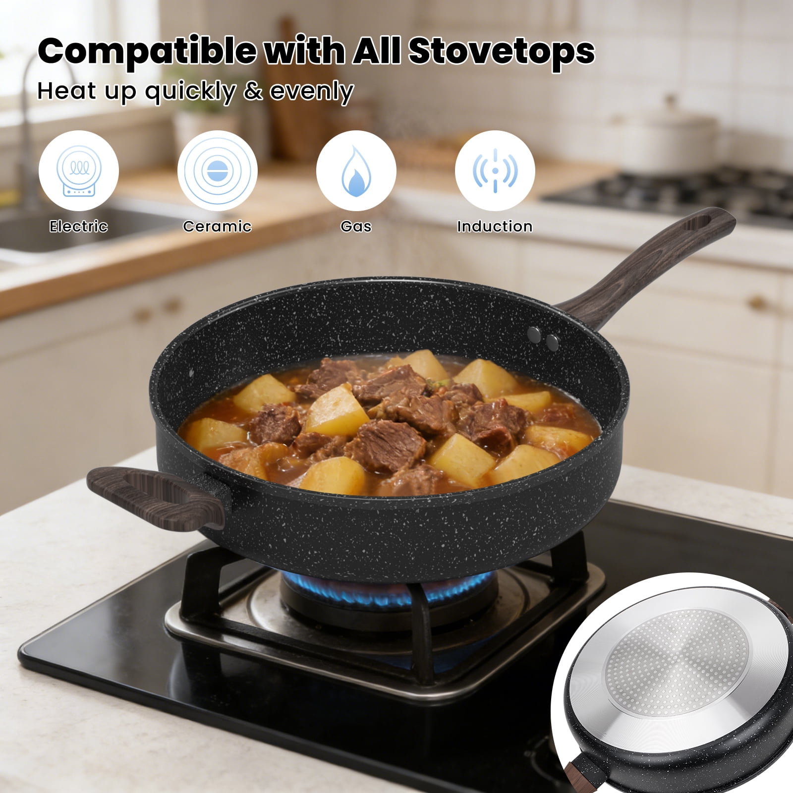 Nonstick Frying Pan Skillet with Lid, 12 Inch Deep Frying Pan, 5 Qt Saute Pan with Bakelite Handle, Kitchen Cooking Pan Skillet, Compatible with All Stovetops (Gas, Electric & Induction)