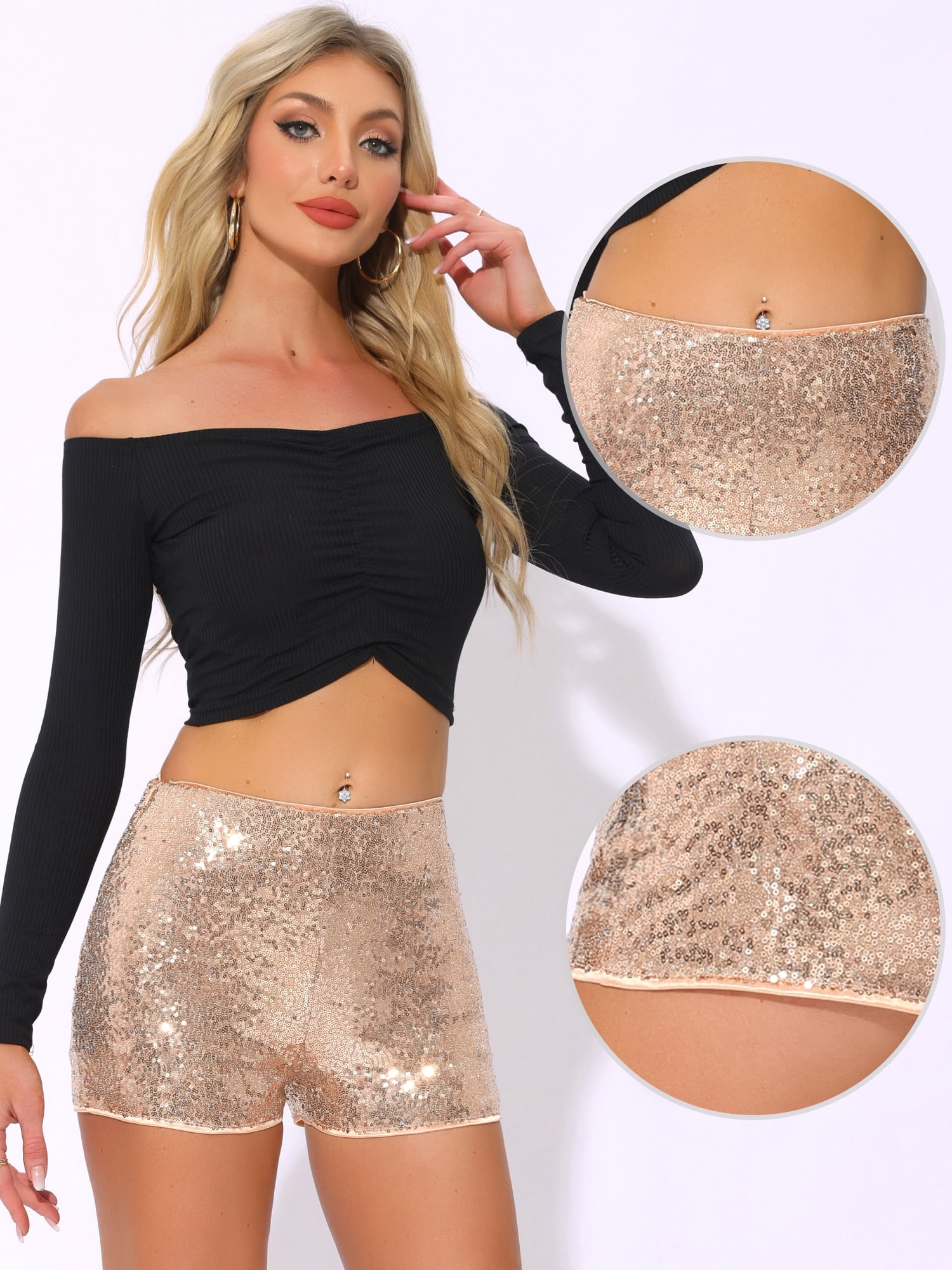 DARING DIVA Women's Midrise Solid Sparkle Coctail Sequin Shorts L Rose Gold