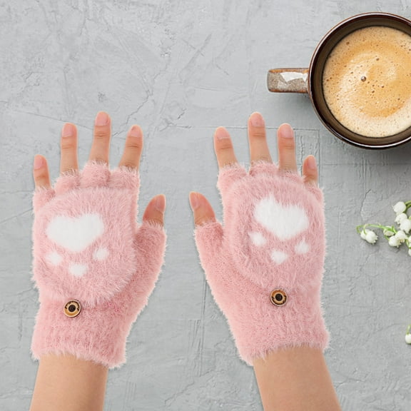 EXHUMKY 1 Pair Thermal Gloves for Women Pink Knitted Cat Claw Design Flexible Fingers for Winter