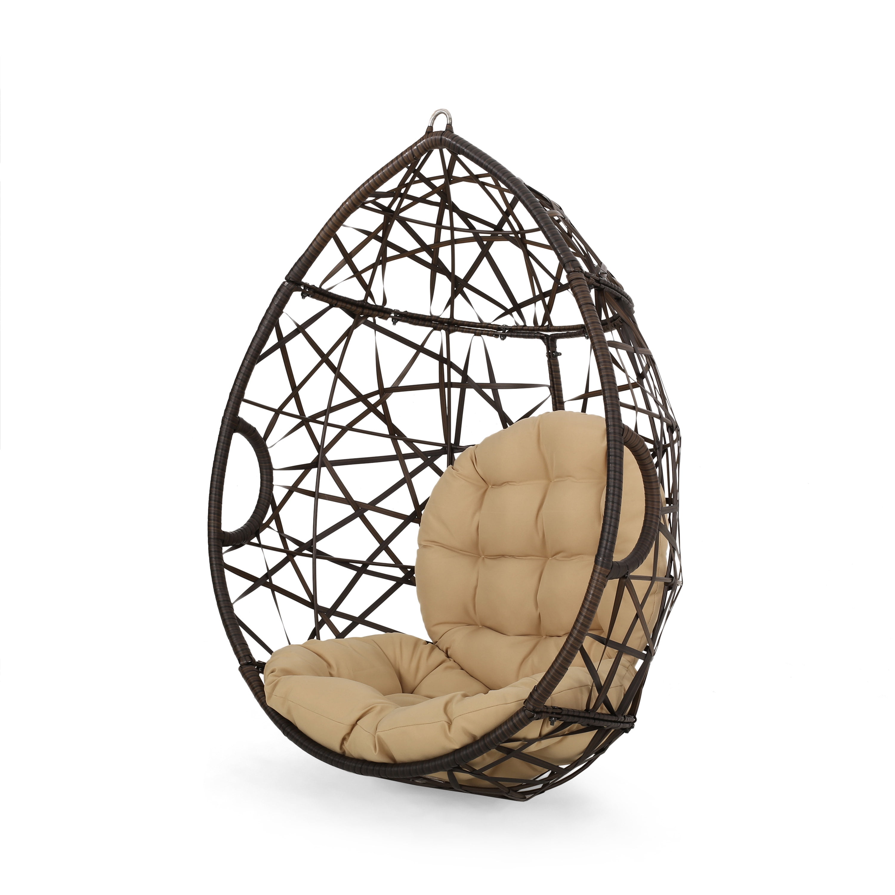 Outdoor Woven Basket Style Hanging Egg Chair, Suspended Leisure Swing Seat for Patio Garden, Brown and Beige