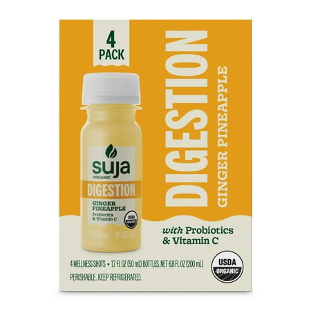 Suja Organic Digestion Ginger Pineapple Shots, 1.7 fl oz Bottle, 4-Pack
