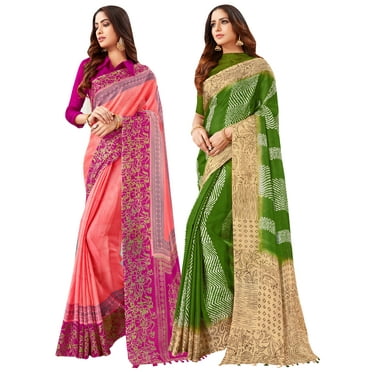 Pack of Two Saree for Women Printed Linen Silk Indian Wedding Sarees | Diwali Gift Ethnic Sari Combo