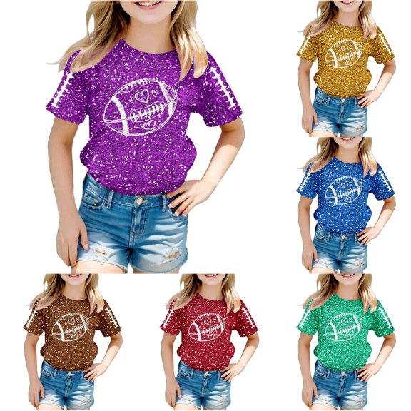 HCYSFG Girls Football T Shirts Heart Doodle Graphic Glitter Print Crewneck Short Sleeve Match Day Graphic Tees Sports Tops