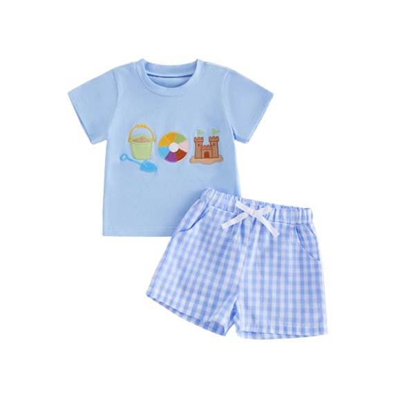 BemeyourBBs Toddler Baby Boy Summer Clothes Infant Baby Boys Summer Beach Holiday Outfit Shorts Sets Short Sleeve Castle Embroidery T -Shirt Tops and Plaid Plaid Pockets Shorts Set