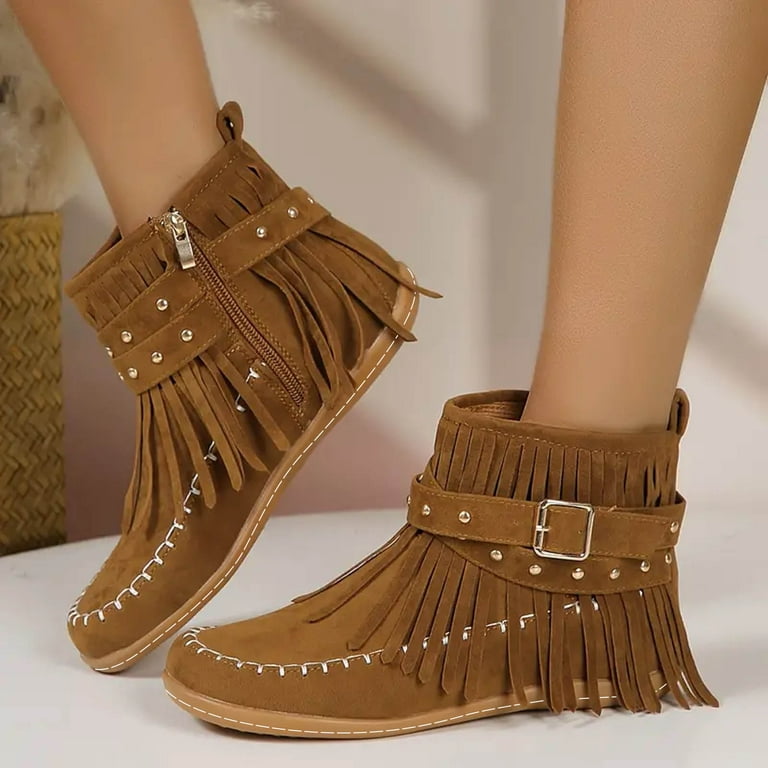 Chenyee Suede Fringe Ankle Boots for Women Fashion Studded Flat