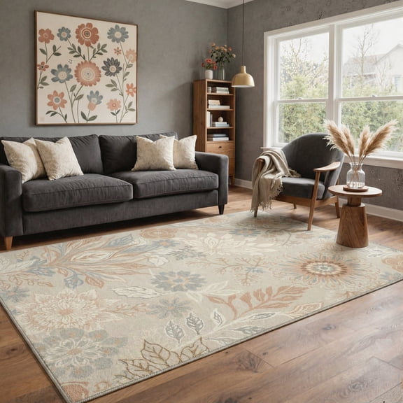 GENIMO 5'x7' Area Rug for Living Room, Machine Washable Non Slip Low Pile Rug for Bedroom Dining Room, Romantic Floral, Muted Beige