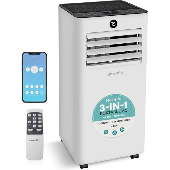 SereneLife SLPAC83W Portable Air Conditioner-8000 BTU Capacity Ashrae Compact Home A/C Cooling Unit Only with WiFi Function, Includes Window Mount Kit White