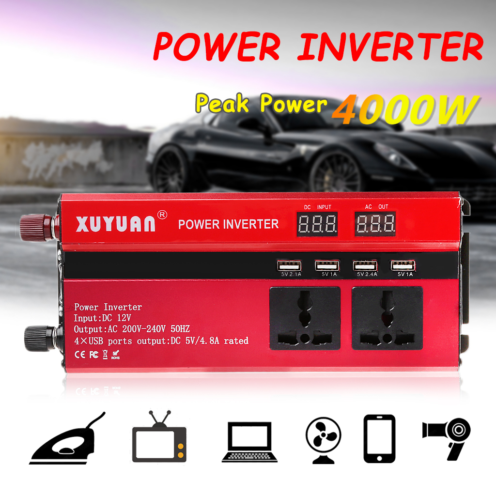 4000W Solar Power Inverter Sine Wave LED 4 USB DC12 To AC110V/220V Convert