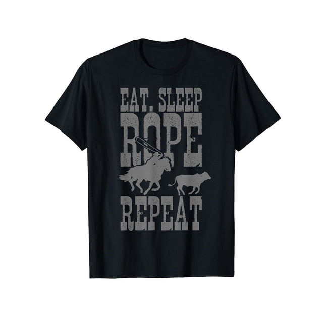 Mens Eat Sleep Rope Repeat Team Roping Rodeo Cowboy Funny Gift T-Shirt Classic 100% Cotton Black for Travel Casual Sports Dai