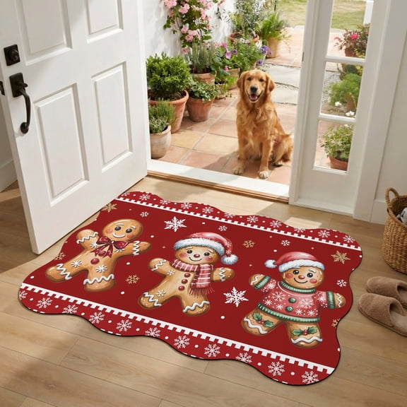 Scalloped Door Mat 20"x31.5", Gingerbread Christmas Absorbent Non Slip Front Door Mat, Red Golden Snowflake Winter Xmas Diatomaceous Entryway Rug for Indoor Patio Laundry Room Kitchen Door Entrance