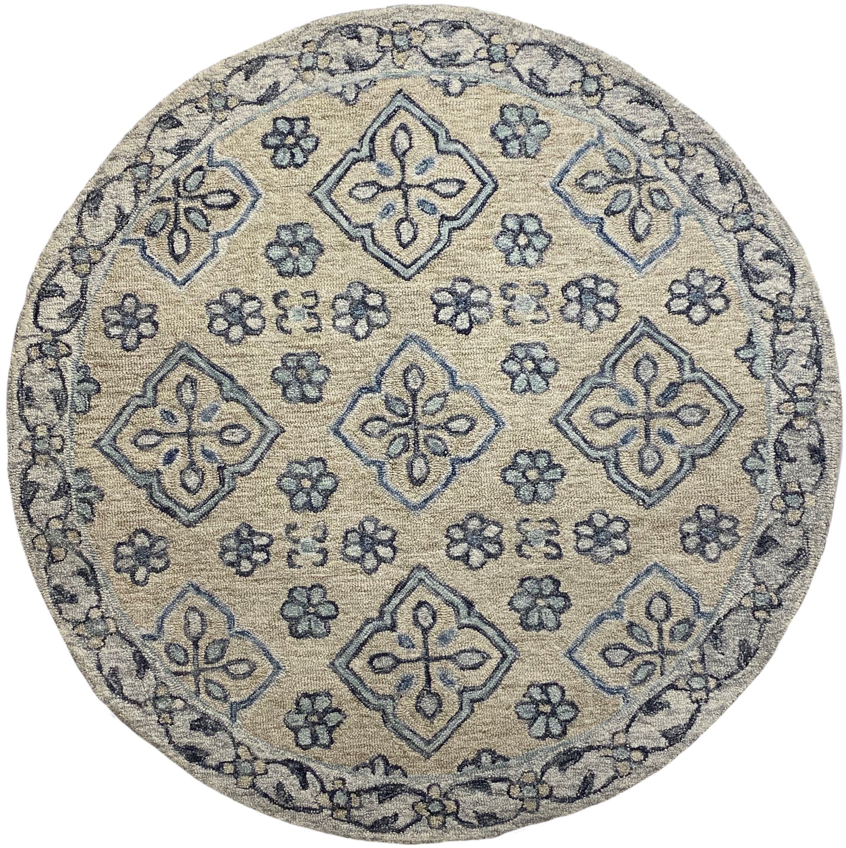 LR Home Gardens Ivory / Gray 4 ft. 9 in. Round Geometric Floral Area