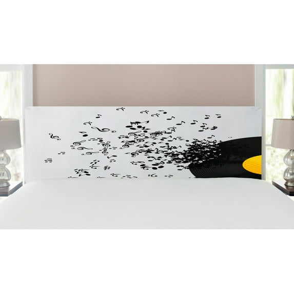 Music Headboard, Flying Music Notes Abstract Design Disc Album Dancing Nightclub Print, Upholstered Decorative Metal Bed Headboard with Memory Foam, King Size, Yellow Black Ivory, by Ambesonne