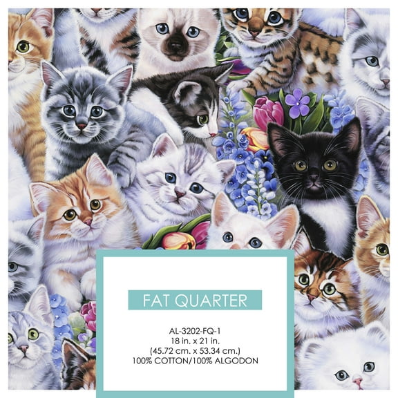 David Textiles 21" x 18" 100% Cotton Kittens & Flowers Precut Sewing & Craft Fabric, Multi-color