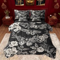 jejeloiu Gothic Skull Skeleton 7-Piece Bedding Comforter Set,Boho Bohemian Moth King Bedding Sets,Beige Black Bed Sheets For Men Women,Microfiber Bedroom Decor Reversible