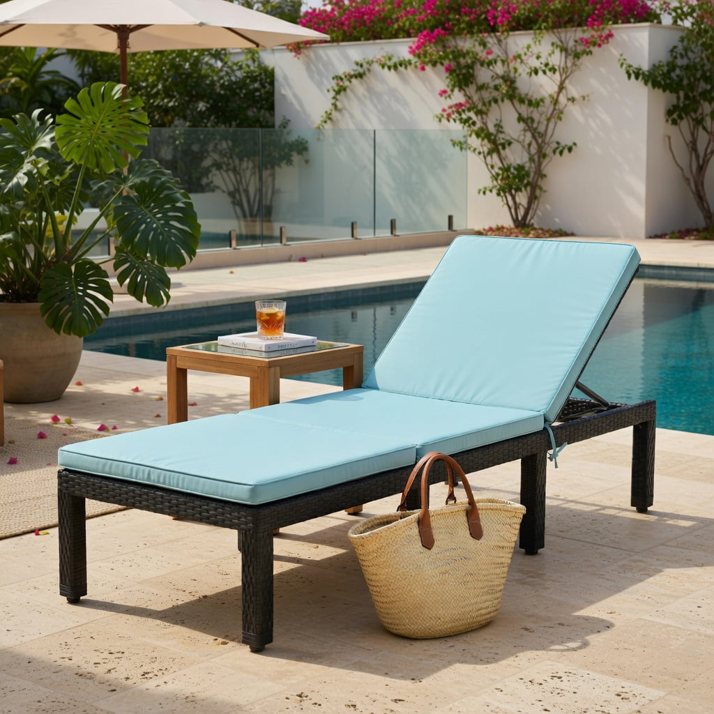 Hommoo Adjustable Height Outdoor Rattan Lounge Chair with Cushion, PE Wicker Patio Chair for Poolside, Garden, Porch, Turquoise