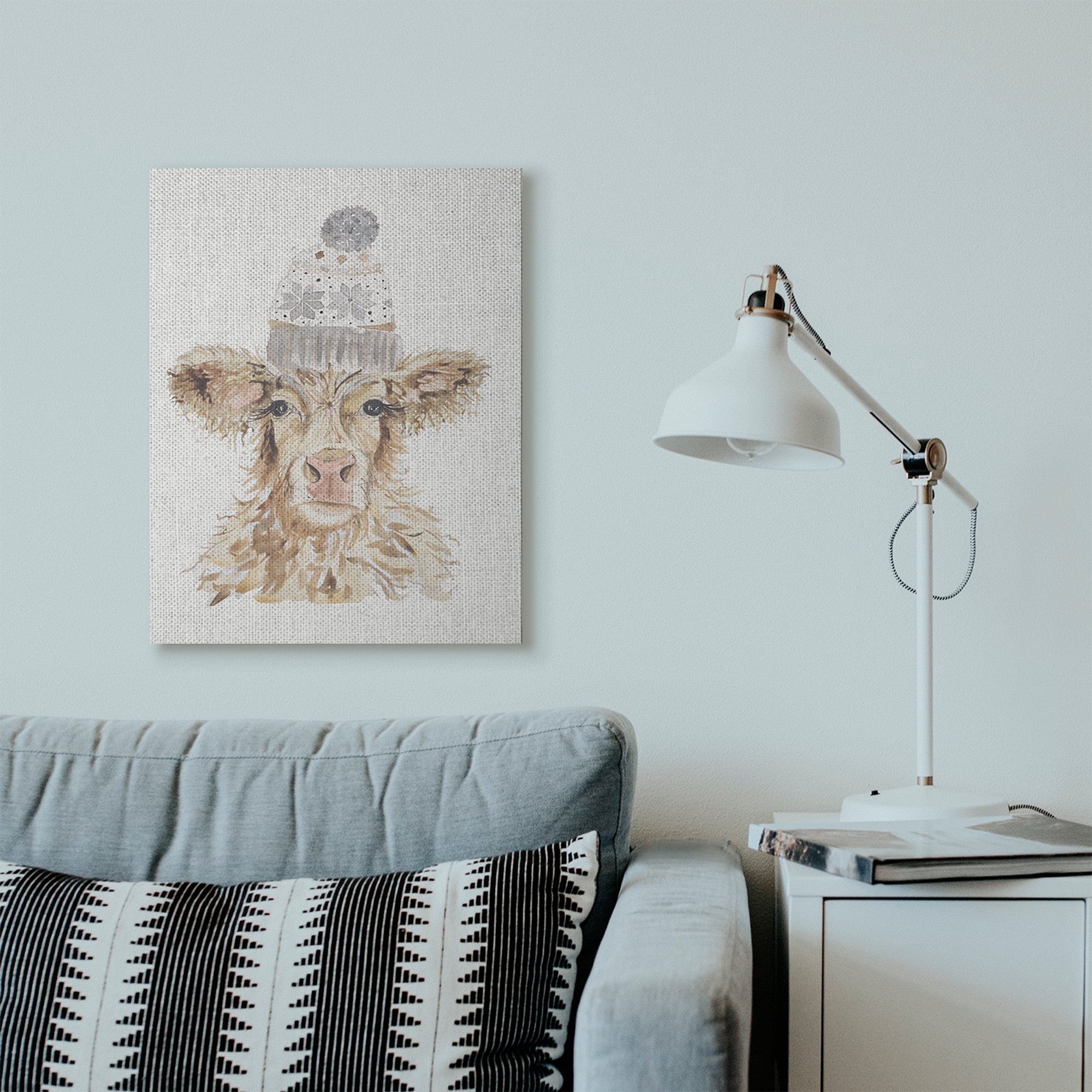 Stupell Industries Cow With Beanie Hat Winter Farm Watercolor Painting Canvas Wall Art by Hollihocks Art