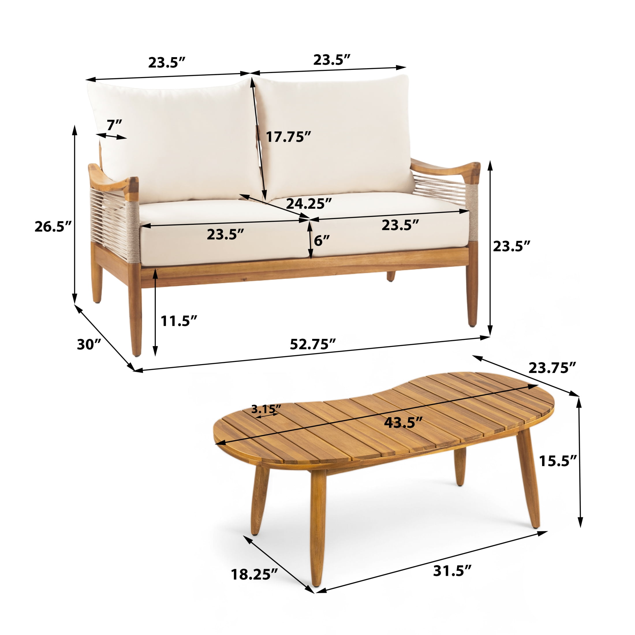 Christopher Knight Home Modern 2 Piece Patio Loveseat Coffee Table Set with Cushion, Solid Wood, Teak+ Beige