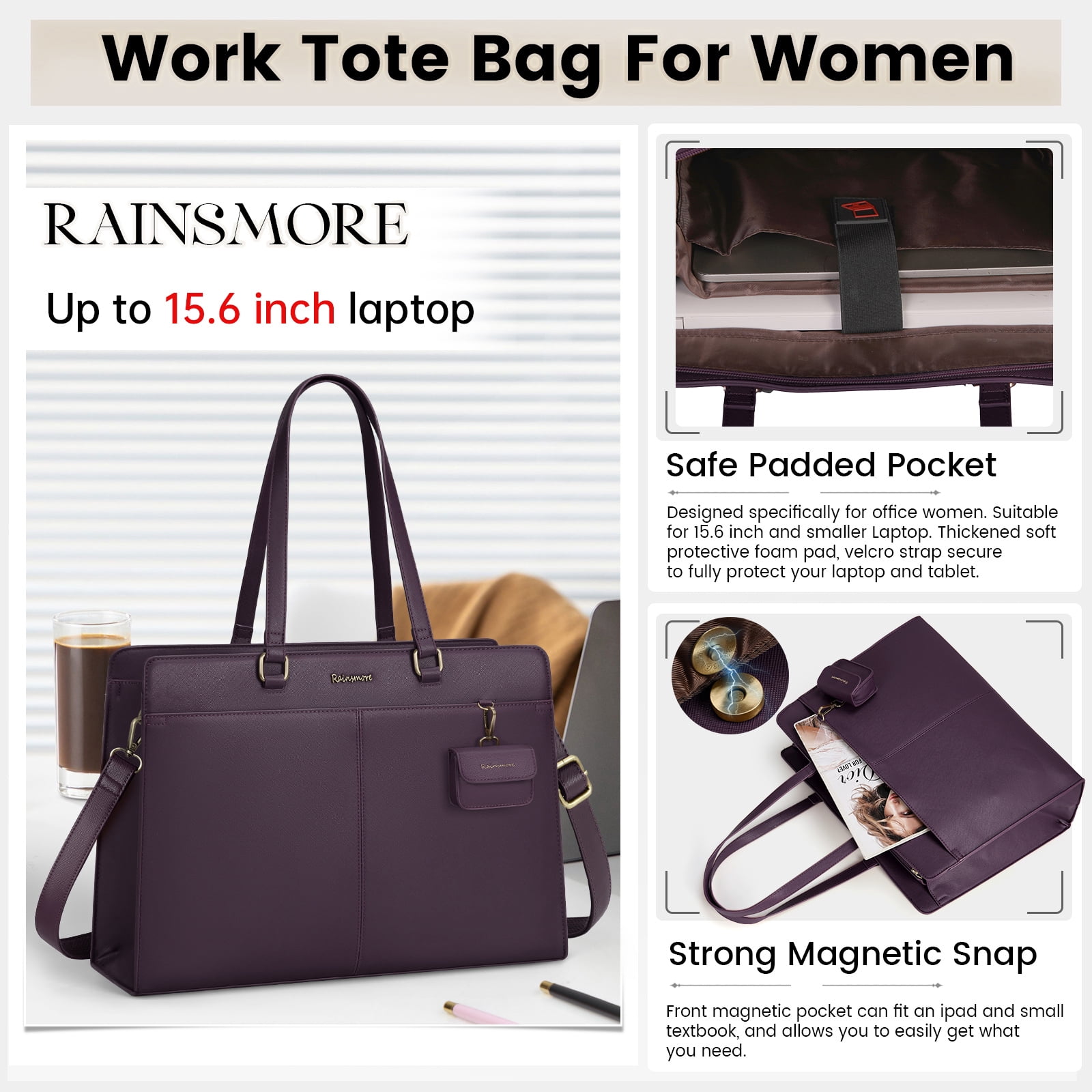 RAINSMORE Laptop Bag for Women 15.10 inch Laptop Tote Briefcase Waterproof Leather Computer Bag Work Tote Bags,Dark Purple