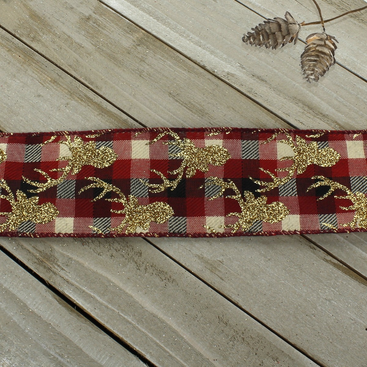 Ribbon Traditions Gold Glitter Deer Red/Black Buffalo Plaid Wired Ribbon 2 1/2" by 25 Yards