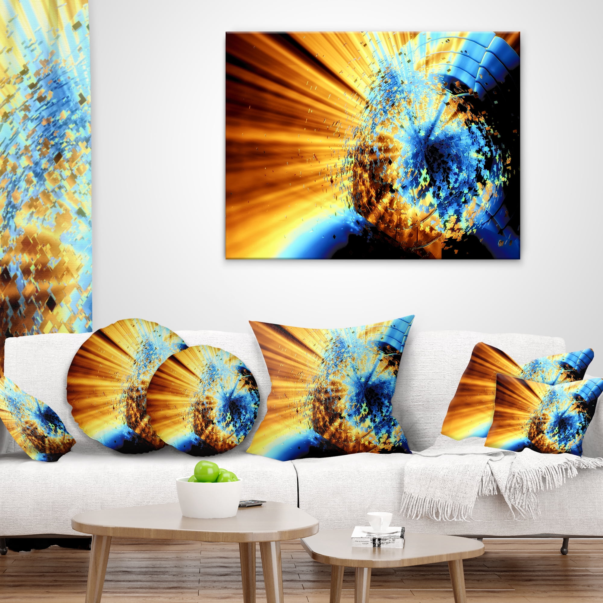 Designart Fractal 3D Blue Brown Burst - Contemporary Throw Pillow - 18x18