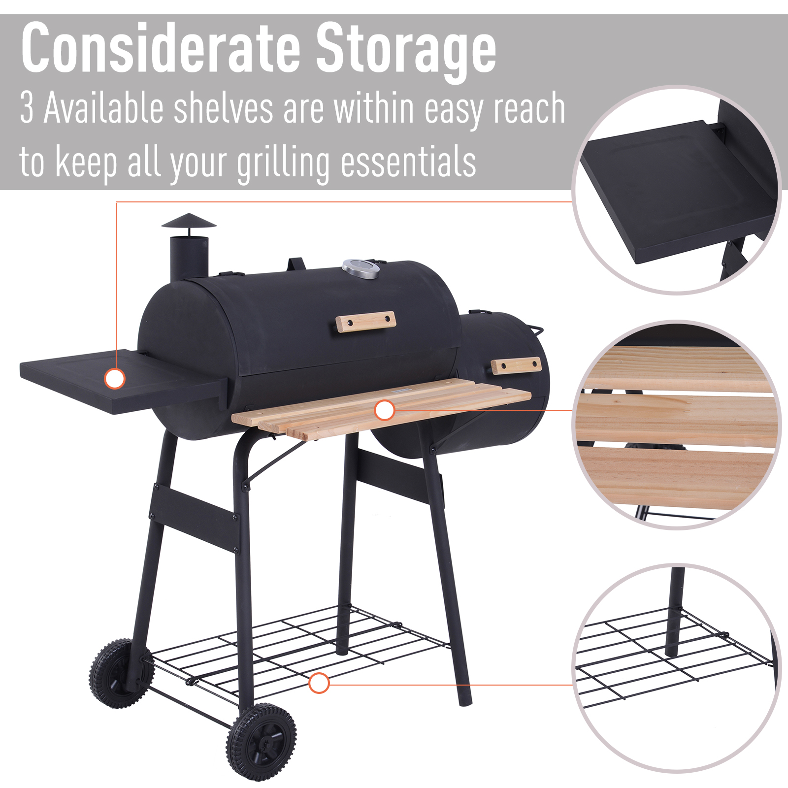 Outsunny 48" Steel Portable Backyard Charcoal BBQ Grill and Offset Smoker Combo - image 3 of 9