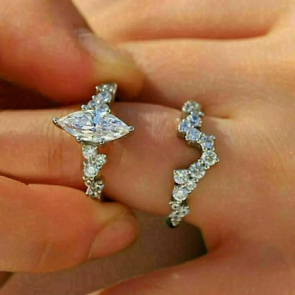Beautiful 3.00Ct Marquise Cut Simulated Diamond Engagement Bridal Ring Set 14K White Gold Plated Silver For Her
