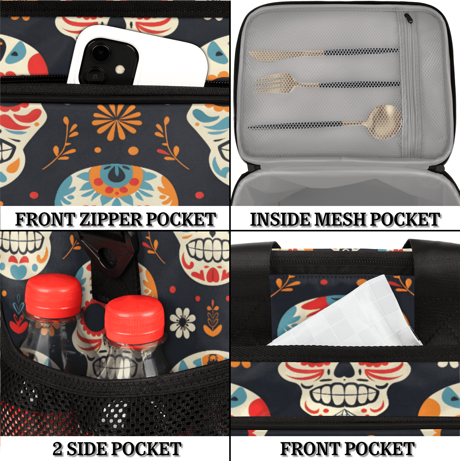 Herdesigns Sugar Skull Floral Large Lunch Box for Adults Women Men with Adjustable Shoulder Strap, Insulated Reusable Lunch Bag Leakproof Cooler Tote Bag