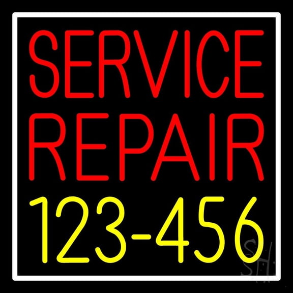 Red Service Repair Yellow Phone Number White Border LED Neon Sign 16 x 16 - inches, Clear Edge Cut Acrylic Backing, with Dimmer - Bright and Premium built indoor LED Neon Sign for automotive outlet.