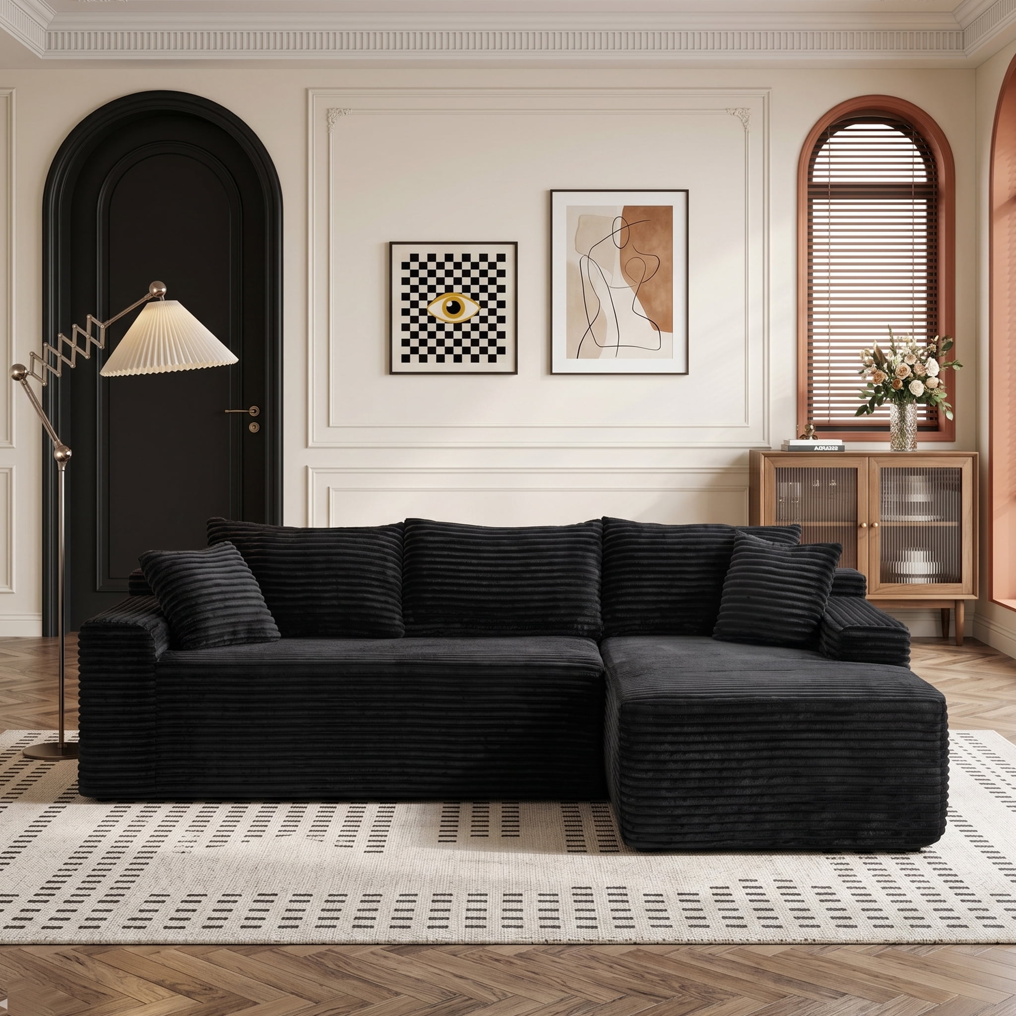 Xiweot 106" Cloud Sectional Sofa Deep Seat Boneless Couch L-Shaped Modular Couch, Modern Right Chaise Corduroy Upholstered Sofa with Side Pockets for Living Room, Gray