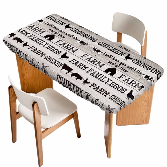 Vintage Farm Animals Table Cloths for 4 Foot Rectangle Tables, Country Cow Pig Chicken Grey Wooden Patio Waterproof Elastic Fitted Tablecloths, Washable Rectangular Table Cover for Camping